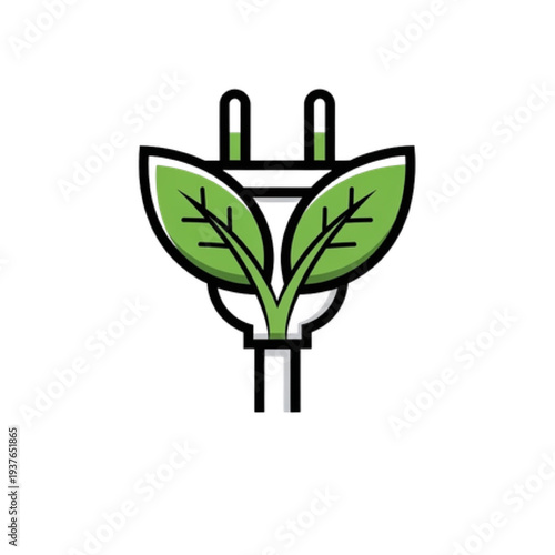 Electric Plug Leaf Icon with Green Power Prongs, Minimalist Vector Line Art of Sustainable Electricity, Eco Friendly Energy and Renewable Fuel Symbol