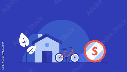 Affordable housing concept with bicycle and dollar sign near a small house with leafy tree symbolizing eco friendly and economical living