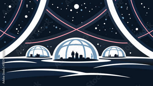 Futuristic colony city on alien planet with domes under starry night sky and pink lines