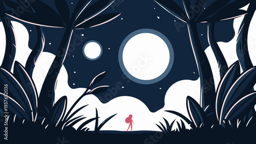 Futuristic jungle scene with a person standing under a starry night sky and dual moons on a distant planet