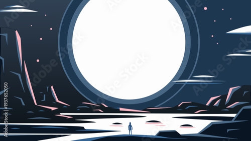 Futuristic alien landscape with a giant glowing portal in space a person standing in front surrounded by rocks and ufos in the night sky with stars