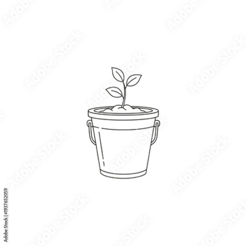 Kitchen Compost Bin Icon with Growing Sprout, Minimalist Vector Line Art of Organic Waste Pail, Sustainable Gardening and Zero Waste Lifestyle Symbol