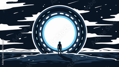 Person standing in front of a futuristic interstellar portal gate in space with a glowing blue ring