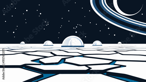 Cracked ice planet landscape with domes under starry night sky and ringed planet