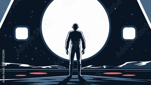 Astronaut standing on alien planet surface looking out at vast space through spaceship exit door at dusk