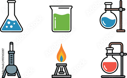 Minimalist laboratory equipment vector set including beakers, flasks with colorful liquids, gas burners, and heating apparatus icons on dark background