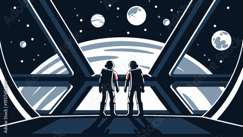 Two astronauts in futuristic space station exploring galaxy with planets and stars