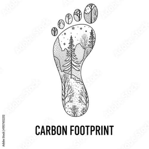 Carbon Footprint Icon with Forest Tree Pattern, Minimalist Vector Line Art of Environmental Impact and Carbon Offset, Sustainable Ecology Symbol Design