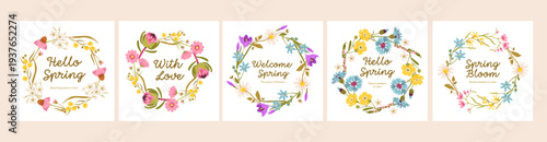 Spring Floral Wreath Greeting Card Templates Set. Elegant invitations, posters, and seasonal banners with pastel flowers and botanical frame.