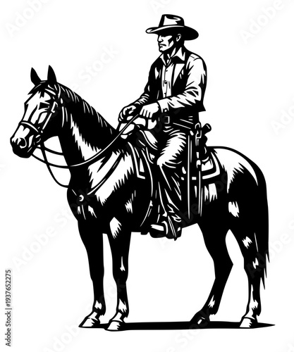 A  black vector illustration of a rugged cowboy sitting atop a horse. This detailed silhouette captures the classic spirit of the American West, frontier life, and equestrian ranching.