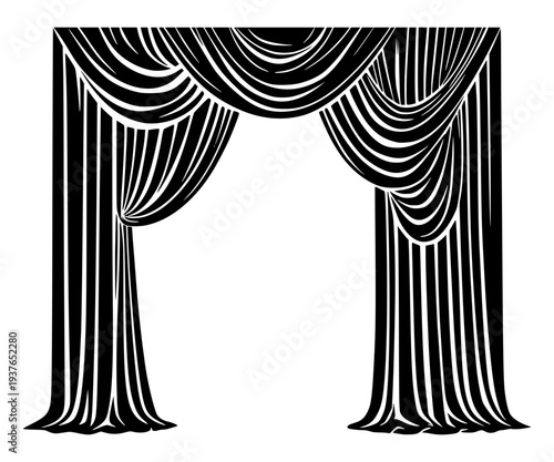 Black theater curtain silhouette, elegant stage drape with swag valance, dramatic open curtain frame, bold ink style illustration isolated on background