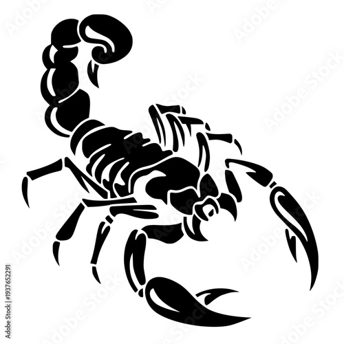 Black scorpion tribal tattoo vector illustration. Stylized desert arachnid silhouette with curved stinger and sharp claws. Intricate predatory insect mascot graphic for logo or decal design.