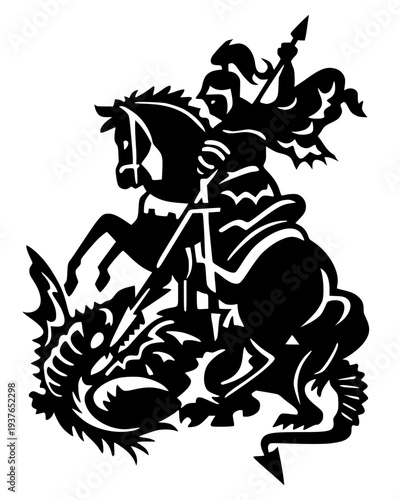 Black silhouette vector of Saint George on horseback slaying a dragon with a spear. Traditional Christian archangel warrior icon for historical, religious, or medieval fantasy design projects.
