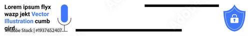 Voice recognition, cybersecurity, digital privacy, data protection, communication security, secure authentication. Microphone and shield with a padlock icon. Voice recognition and cybersecurity