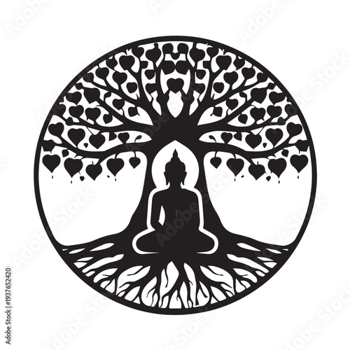 Simple vector silhouette of a Buddha statue placed within a tree shape, with branches, roots, and leaves symbolizing peace, harmony, and spiritual balance.