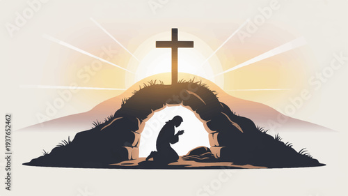 Silhouette of a person kneeling in prayer before a cross on a hill at sunrise symbolizing faith and hope