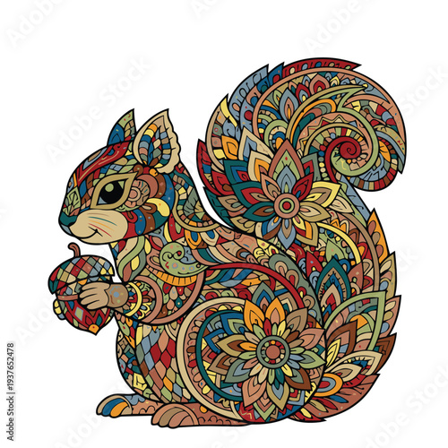 Colorful vector illustration of a squirrel formed by ethnic traditional patterns, combining decorative motifs and vibrant cultural design.