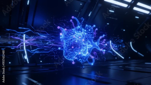 Futuristic blue neuron glowing in dark cyberpunk laboratory with neon lights