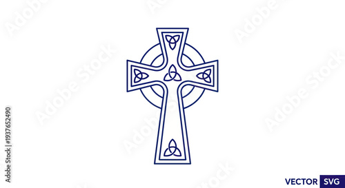 Celtic Cross Icon Outline with Triquetra Knot Symbol, Vector Art