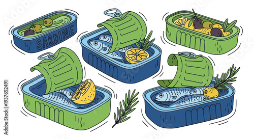 Canned Sardines with Lemon and Olives, Hand-Drawn Illustration