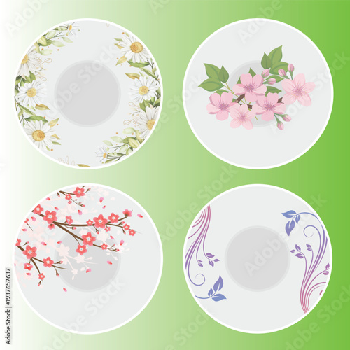 One time floral plate  set vector design isolated on background.Disposable plates, Single-use plates,Disposable plastic,paper tableware
Throwaway plates,Party plates,Biodegradable vector