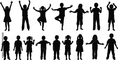 Children silhouettes collection, kids standing jumping posing, playful childhood concept, diverse child poses isolated, black silhouette set for design education creativity vector