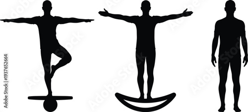 Human body silhouette set showing yoga balance pose, standing posture and open arms position, anatomy figure illustration concept