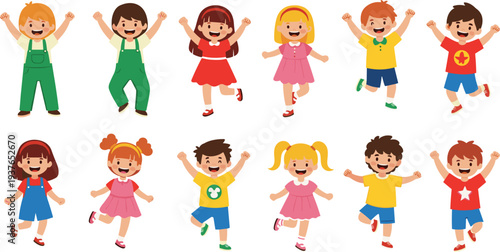 Happy cartoon kids jumping collection, cute children characters playing together, colorful childhood illustration set, joyful kids activity concept, isolated vector