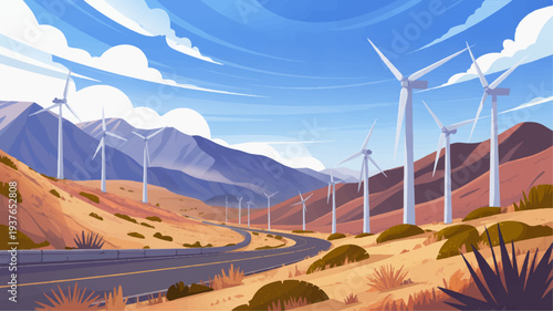 Renewable energy wind turbines along desert highway with mountains and blue sky background