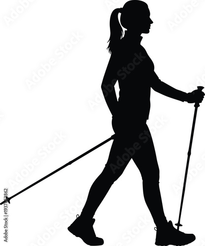 Woman hiking silhouette with trekking poles outdoor adventure vector illustration