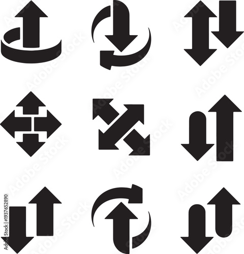 Bold black arrow vector icon set for sync transfer and navigation interface