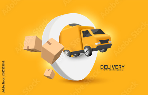 Yellow container truck is driving forward along white markers pin map delivery location to the customer, with parcel boxes or cardboard floating in the air around it, vector 3d for e commerce concept