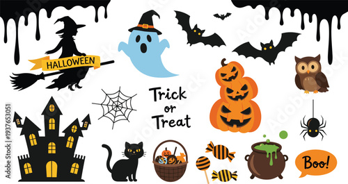 Halloween elements collection with ghost, witch, bats, pumpkin, haunted house, spider and trick or treat icons festive vector illustration set