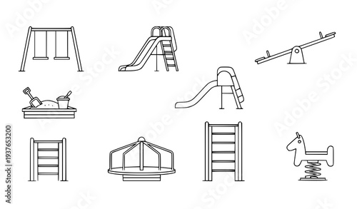 A set of minimalist illustrations of playground equipment and structures