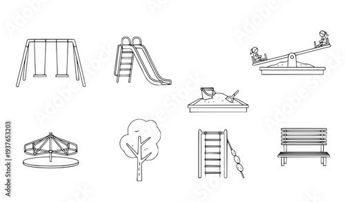 A set of minimalist illustrations of playground equipment and furniture