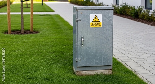 Metal electrical cabinet with warning sign stands on fresh green grass near modern paved walkway in urban landscaped area,A grey outdoor electrical enclosure box with a yellow high voltage warning sig