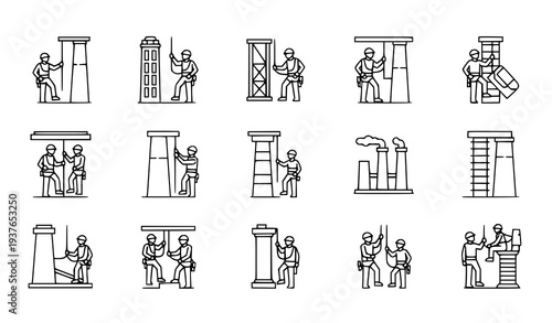 A set of construction workers building with columns and pillars in a vector illustration