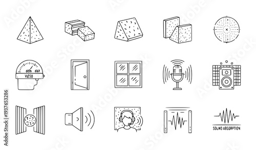 A collection of sound absorption and acoustic icons in a minimalist line art style