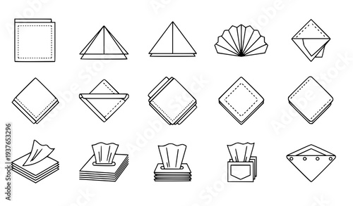 A set of black and white line art illustrations of tissue paper designs