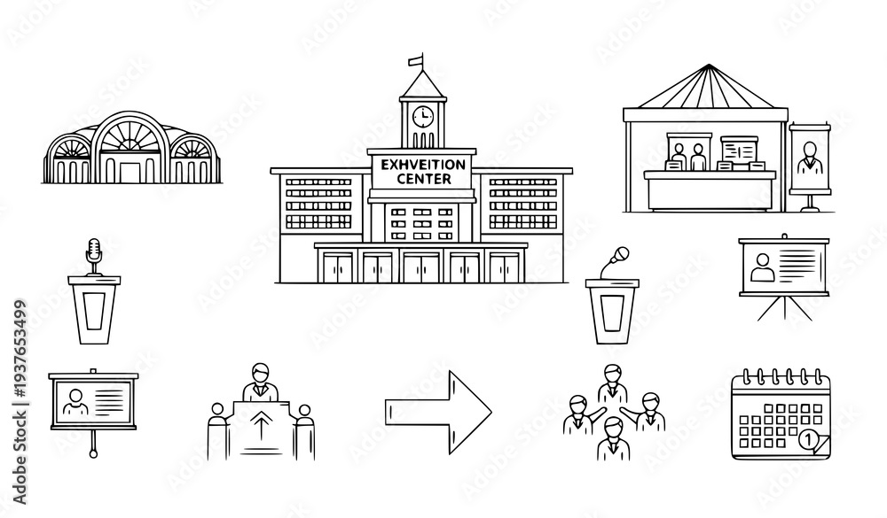 Fototapeta premium A vector graphic illustration of an exhibition center with various icons