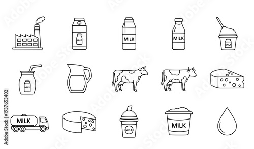 A set of black and white line art illustrations depicting various dairy products and related icons