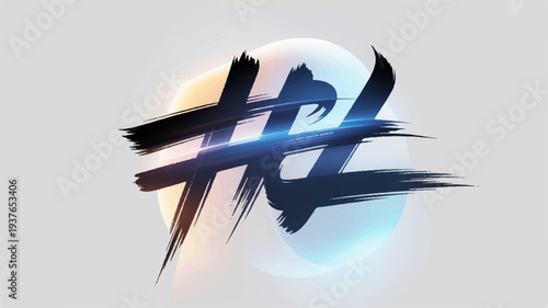 Glowing blue hashtag symbol with dynamic brush strokes on gray background representing social media and online communication
