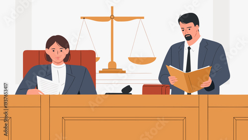 Vector illustration of a courtroom interior with judge and lawyer reading documents at a desk with a scale