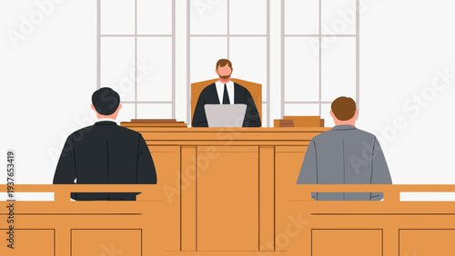 Flat vector illustration of a high angle view of a courtroom with a judge and two defendants sitting at a desk with a laptop in a modern and minimalist setting