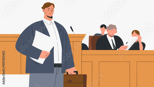 Vector illustration of a man standing in a courtroom with a briefcase and documents
