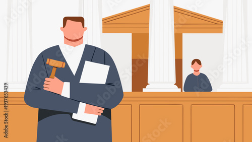 Judge standing with gavel and documents in a courtroom setting with a lawyer or clerk in the background