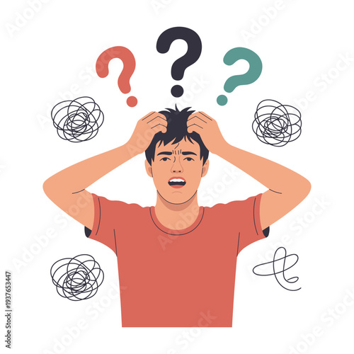 Confused man with question marks and scribbles around head