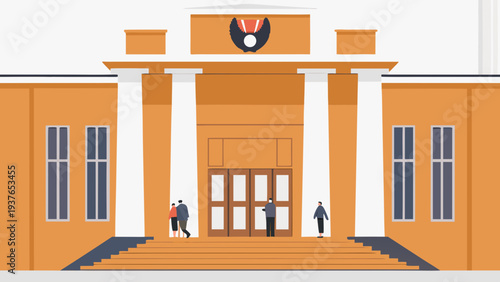Flat vector illustration of a courthouse building exterior with columns and people