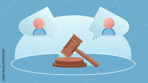 Business dispute concept with gavel and two people in speech bubbles on blue background
