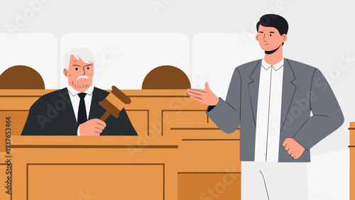 Courtroom scene with judge and defendant flat vector illustration side view lawyer gavel justice law trial litigation court judge defendant testimony